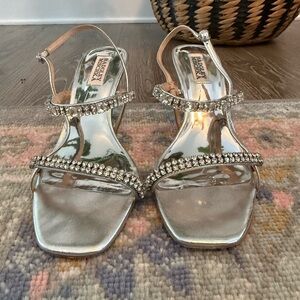 Badgley Mischka Silver Crystal-Strap Slingback Sandals